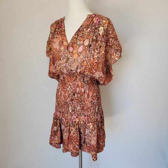 A.L.C. Carly Floral Silk Smocked Mini Dress Cap Sleeve Multicolor Chiffon - Picture 4 of 16